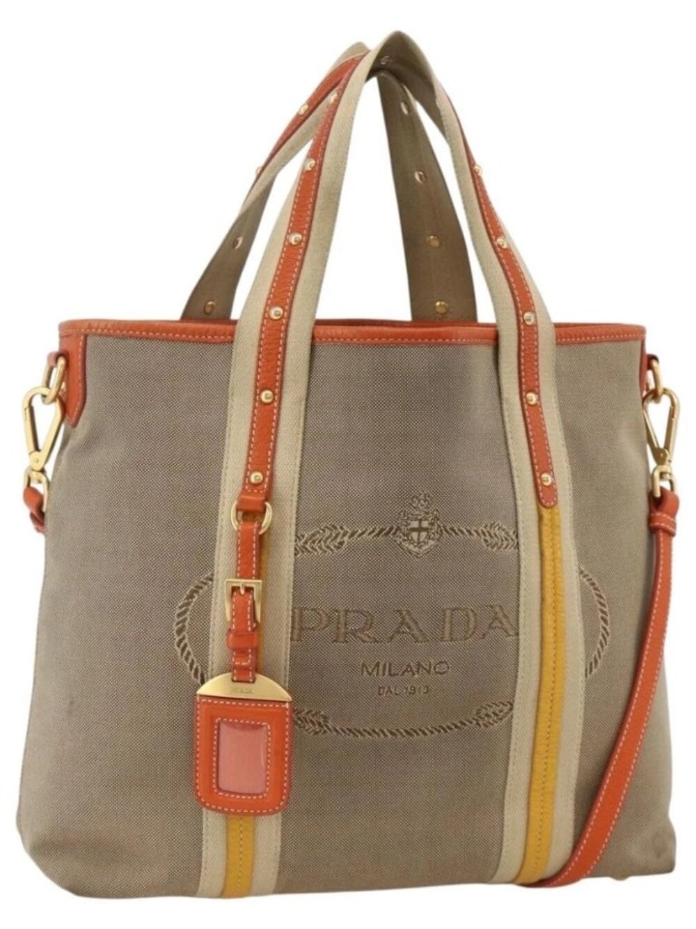 PRADA Hand Bag Logo jacquard 2way Beige Gold Auth ka3542